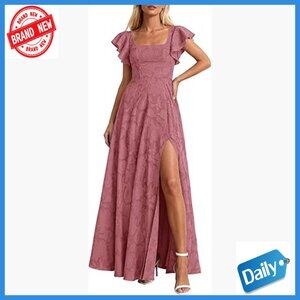 Maxi Formal Dress with Lace Floral Jacquard, Square Neck, Pockets